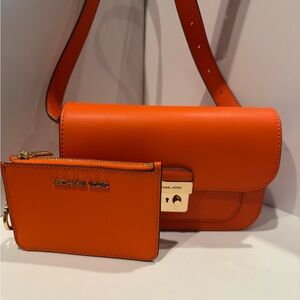 Michael Kors Vibrant Orange Flap belt bag /crossbodyand credit card key chain